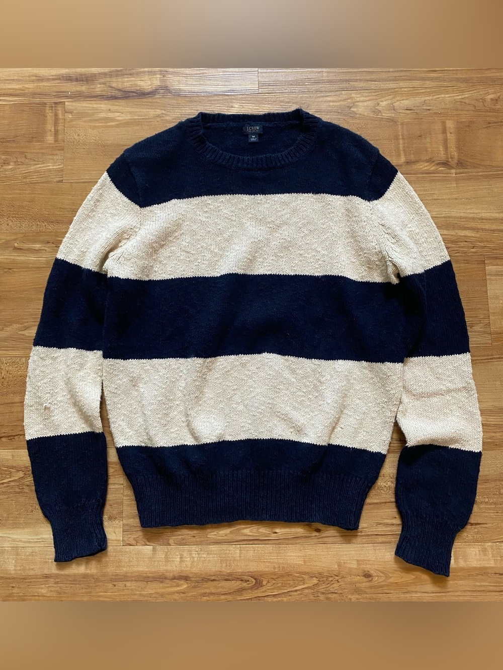 J. Crew Men M Rugby Striped Cotton Slub Knit Crewneck Sweater Navy Cream Preppy